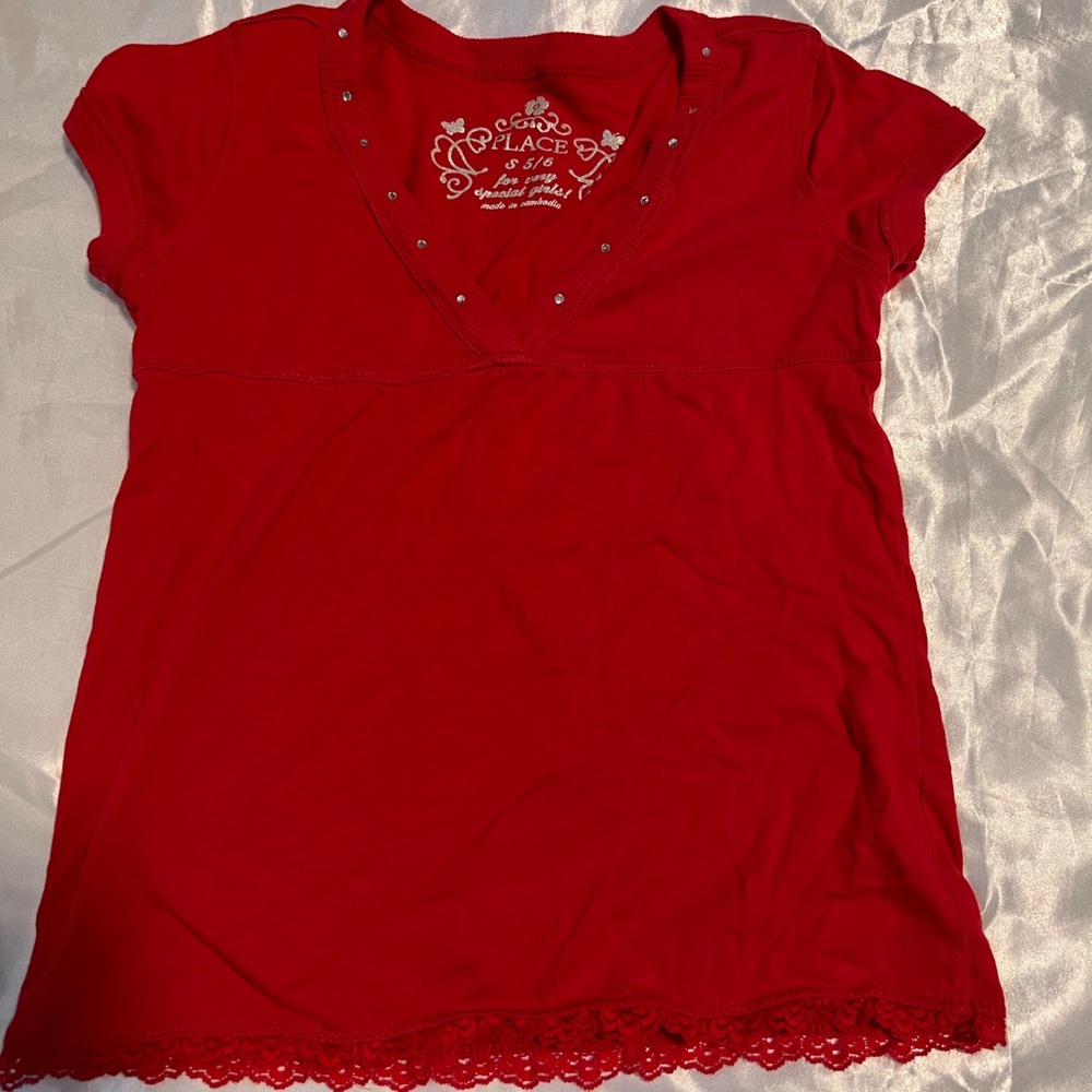 red baby tee with lace trim and cute bejeweled collar!
